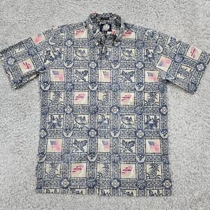 Reyn Spooner Mens Hawaiian Shirt Aloha Flag Print Navy Beige S Button Front